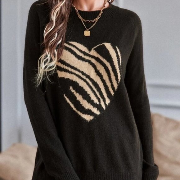 Zebra Heart Print Raglan Sleeve Knit Sweater Top - Picture 3 of 7